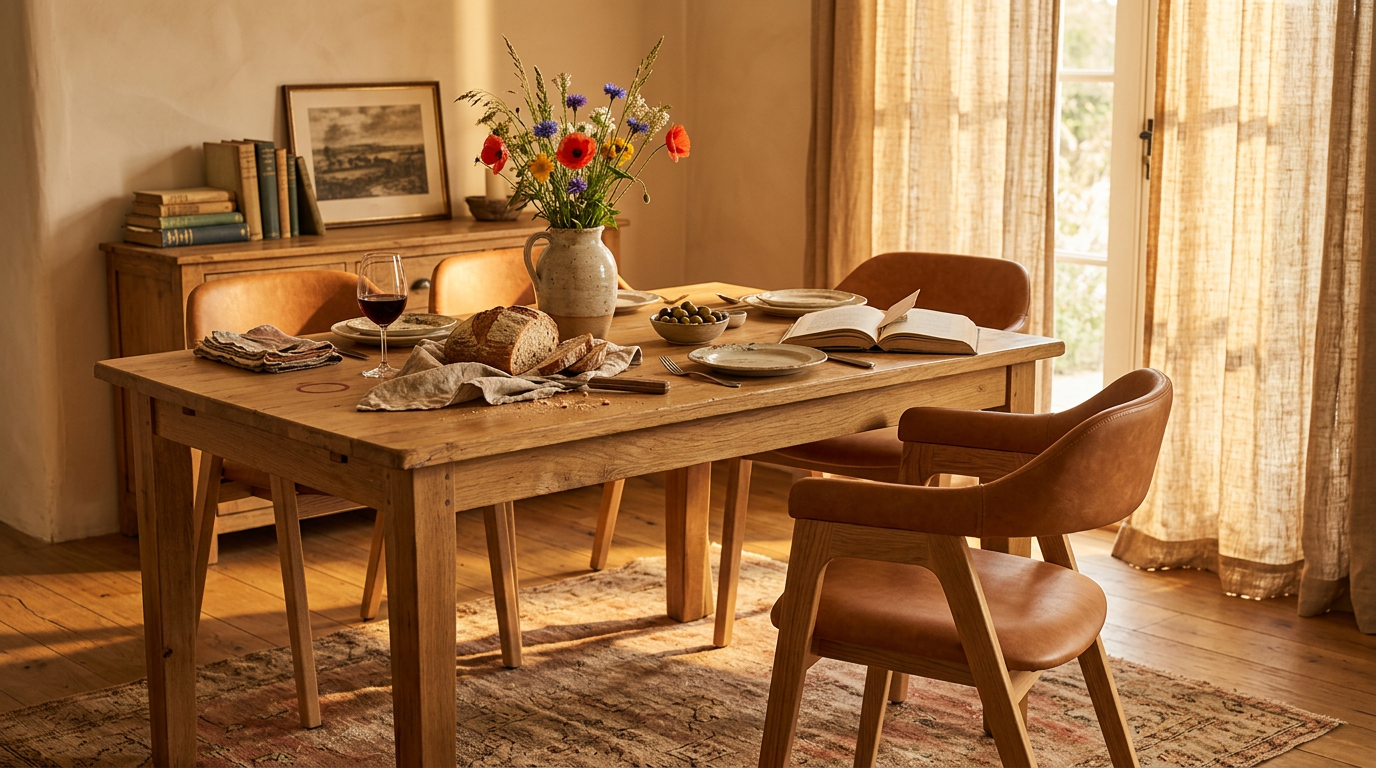 A sunlit dining setting with a walnut café table and cognac leather oak chairs