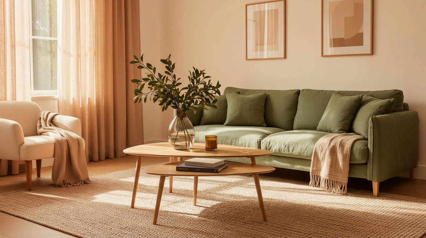 A solid oak coffee table grounding a warm, sunlit living room with a sage linen sofa